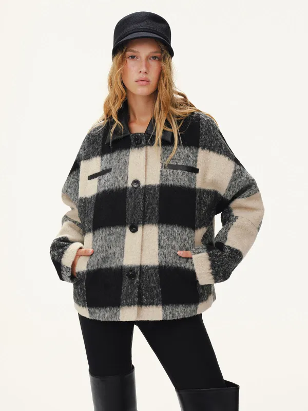 Faux Leather Collar Plaid Faux Cashmere Coat sold by COMMENSE