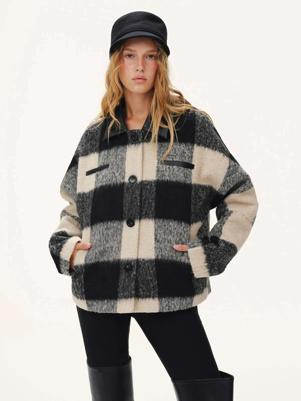 Faux Leather Collar Plaid Faux Cashmere Coat sold by COMMENSE