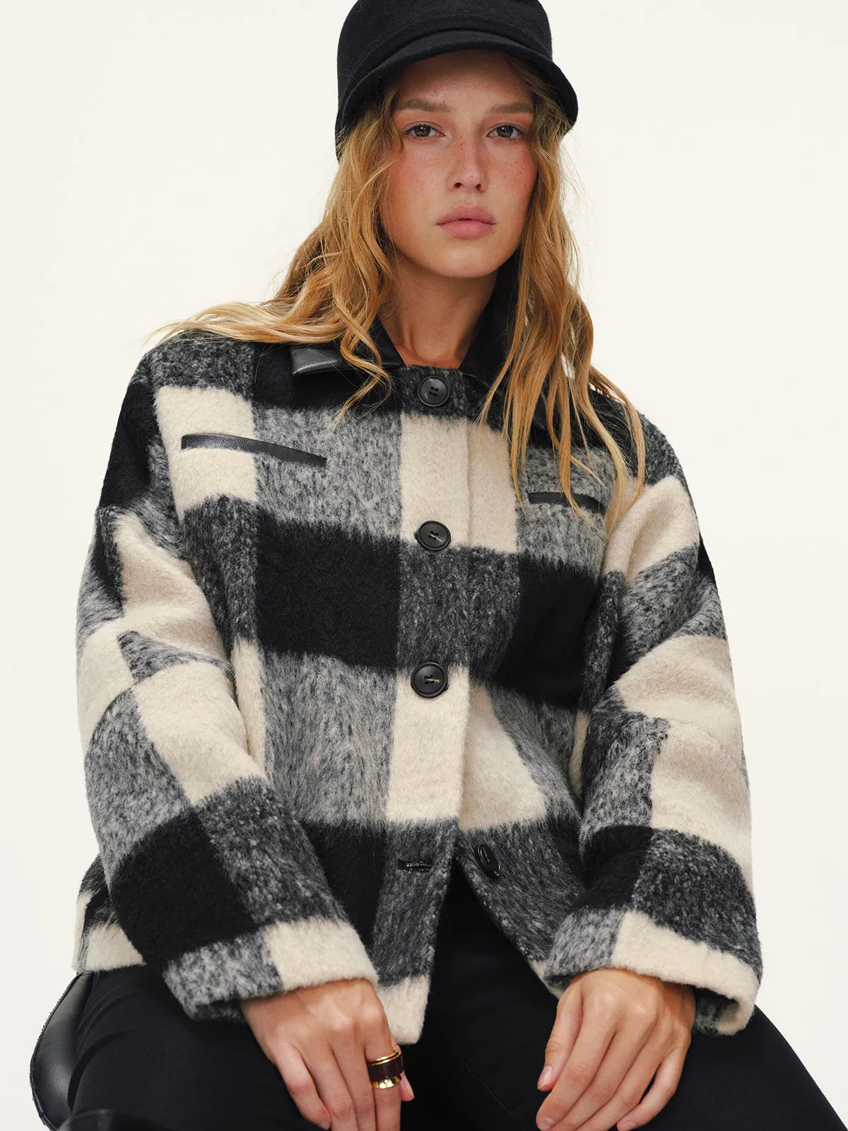 Faux Leather Collar Plaid Faux Cashmere Coat sold by COMMENSE product image thumbnail 5