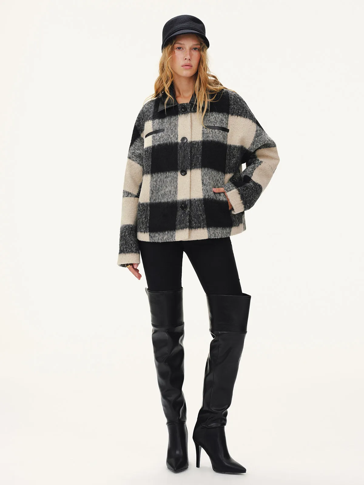 Faux Leather Collar Plaid Faux Cashmere Coat sold by COMMENSE product image thumbnail 2