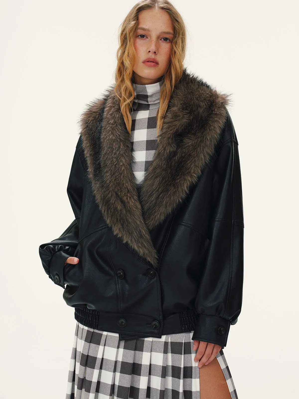 Detachable Faux Fur Collar Faux Leather Jacket sold by COMMENSE product image thumbnail 2