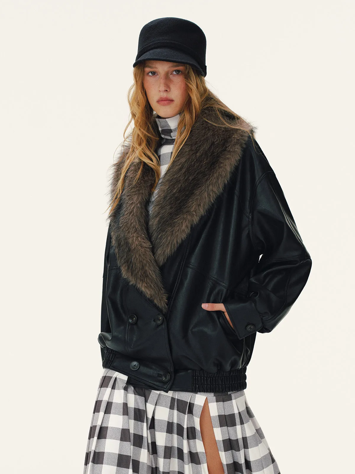 Detachable Faux Fur Collar Faux Leather Jacket sold by COMMENSE product image thumbnail 5