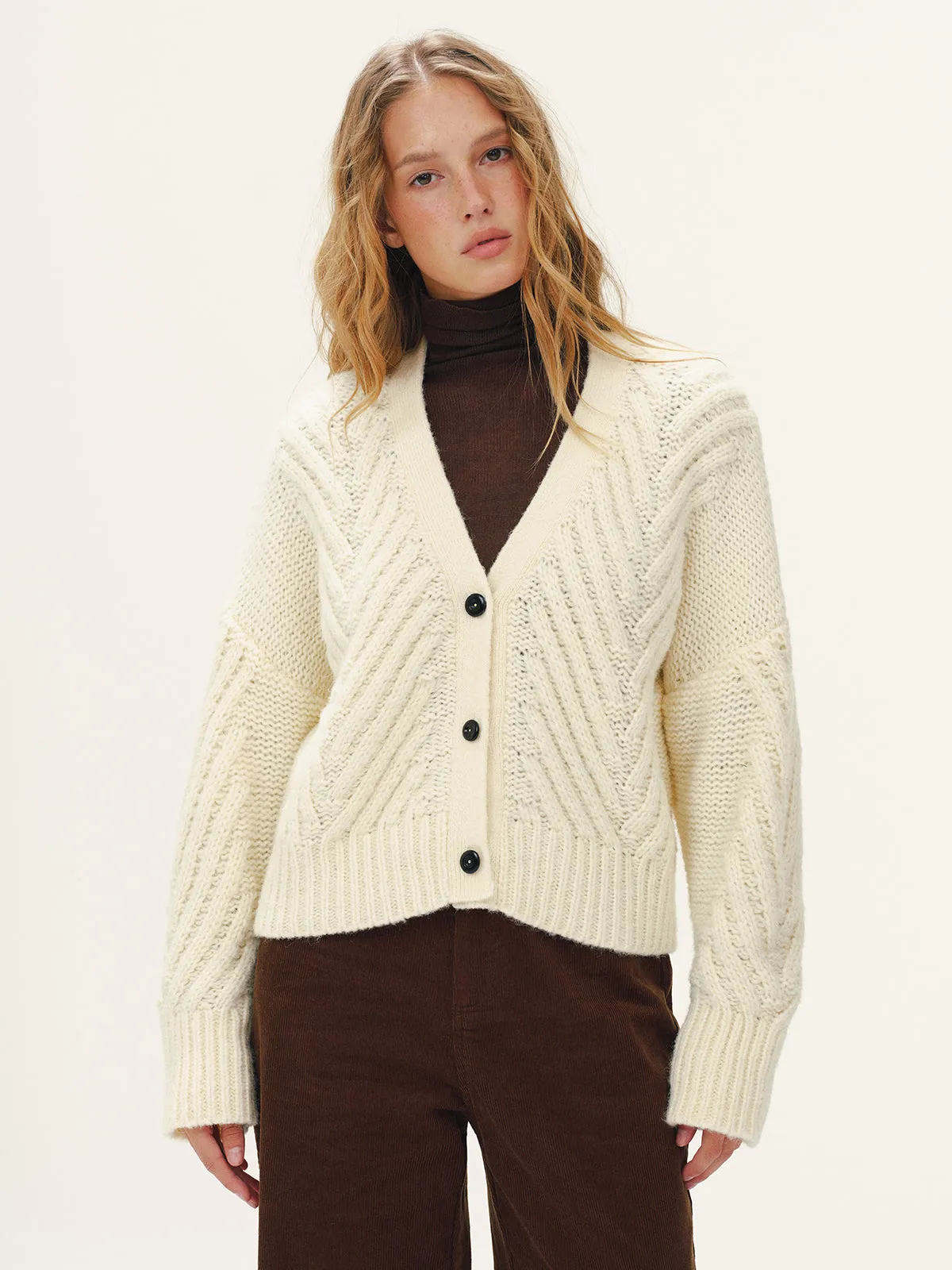 Wool Blend Cable Knit V-Neck Button Cardigan sold by COMMENSE product image thumbnail 2
