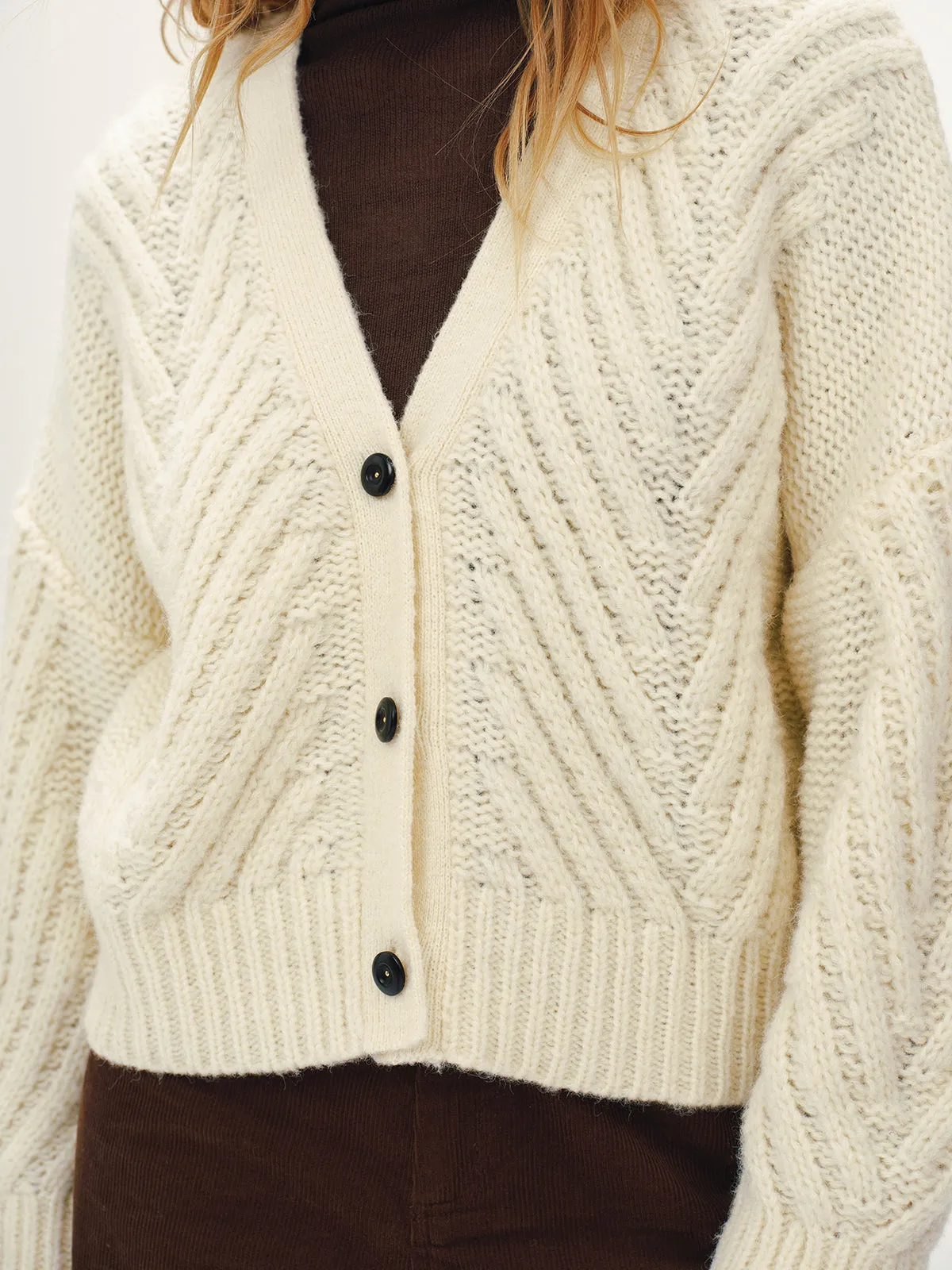Wool Blend Cable Knit V-Neck Button Cardigan sold by COMMENSE product image thumbnail 3