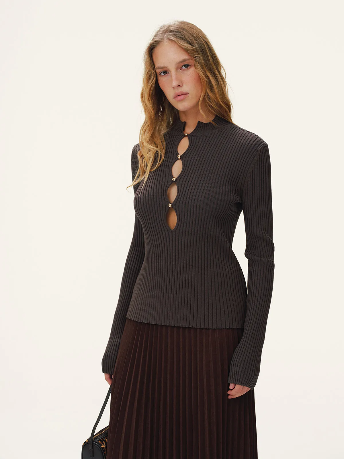 Metal Detail Cut-Out Mock Neck Fitted Sweater sold by COMMENSE product image thumbnail 5
