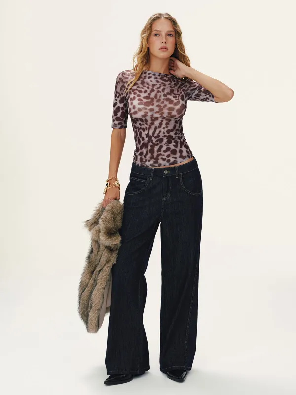 Semi-Sheer Half-Sleeve Leopard Print Blouse sold by COMMENSE