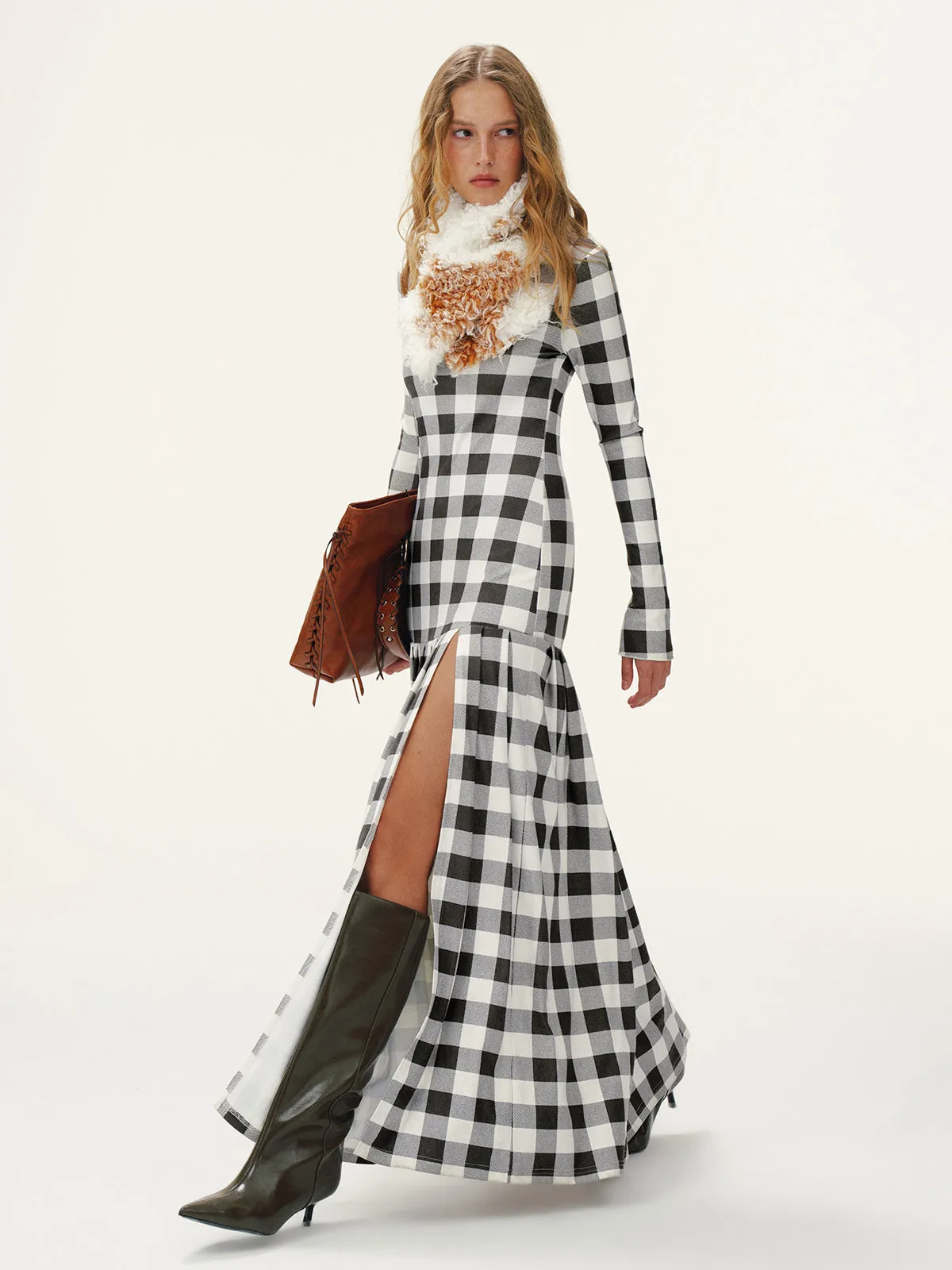 Plaid Turtleneck Long Sleeve Slit Maxi Dress sold by COMMENSE product image thumbnail 5
