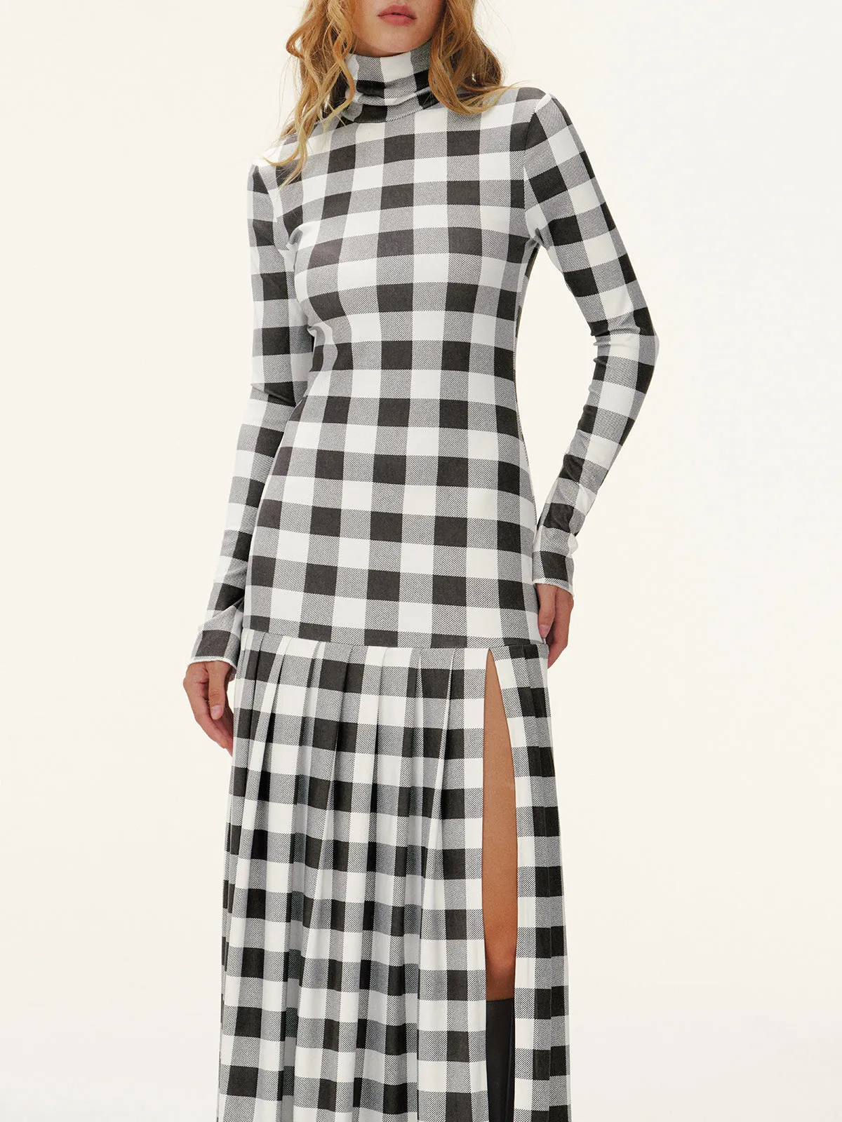 Plaid Turtleneck Long Sleeve Slit Maxi Dress sold by COMMENSE product image thumbnail 2