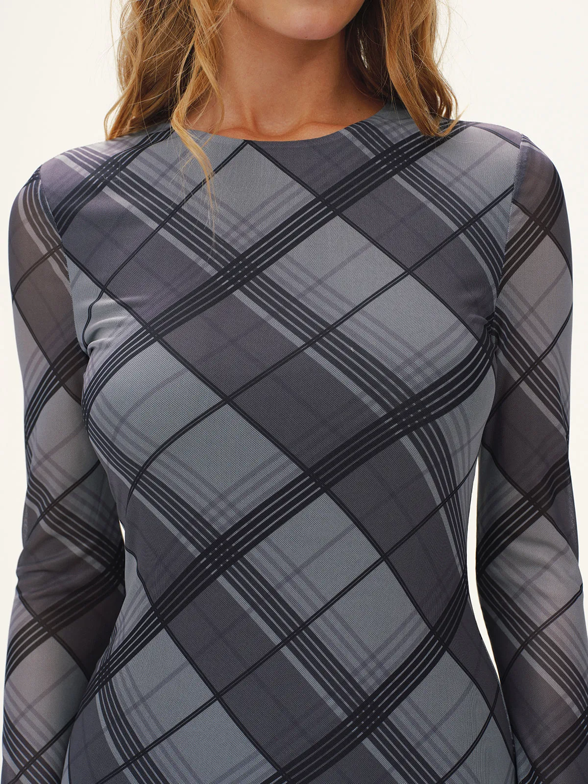 Plaid Mesh Long Sleeve Maxi Dress without Belt sold by COMMENSE product image thumbnail 4