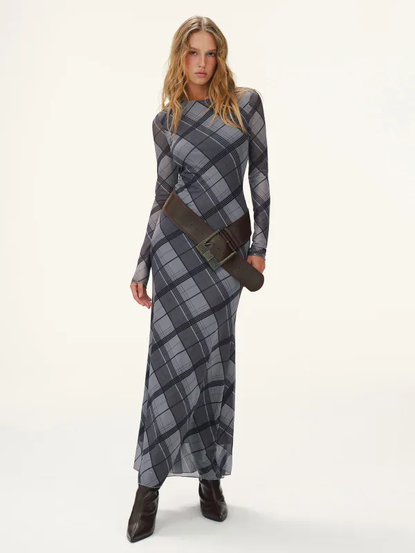 Plaid Mesh Long Sleeve Maxi Dress without Belt sold by COMMENSE