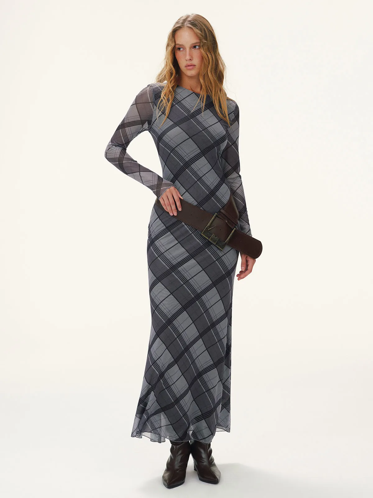 Plaid Mesh Long Sleeve Maxi Dress without Belt sold by COMMENSE product image thumbnail 5
