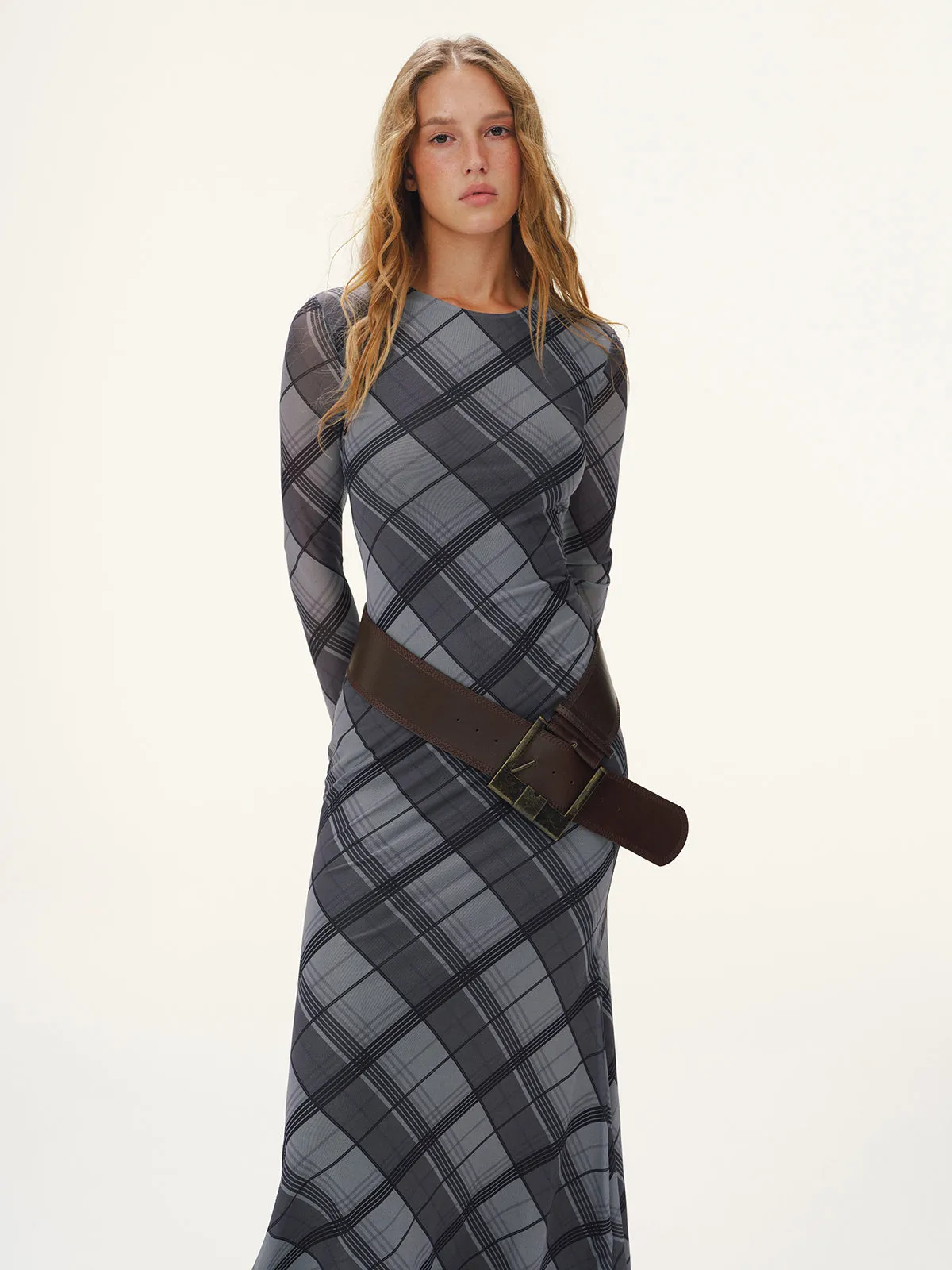 Plaid Mesh Long Sleeve Maxi Dress without Belt sold by COMMENSE product image thumbnail 3