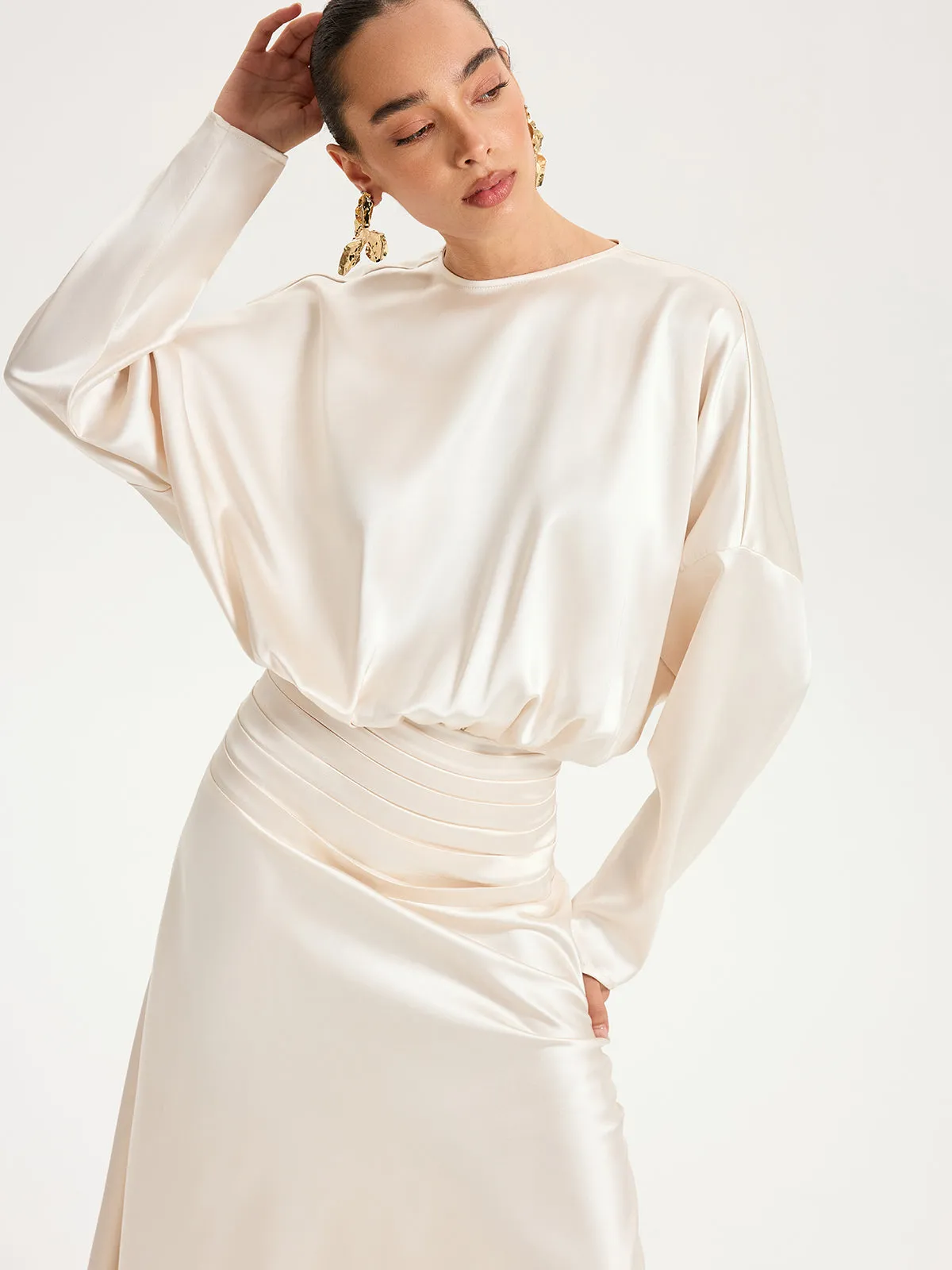 Satin Long Sleeve Pleated Waist Maxi Dress sold by COMMENSE product image thumbnail 5