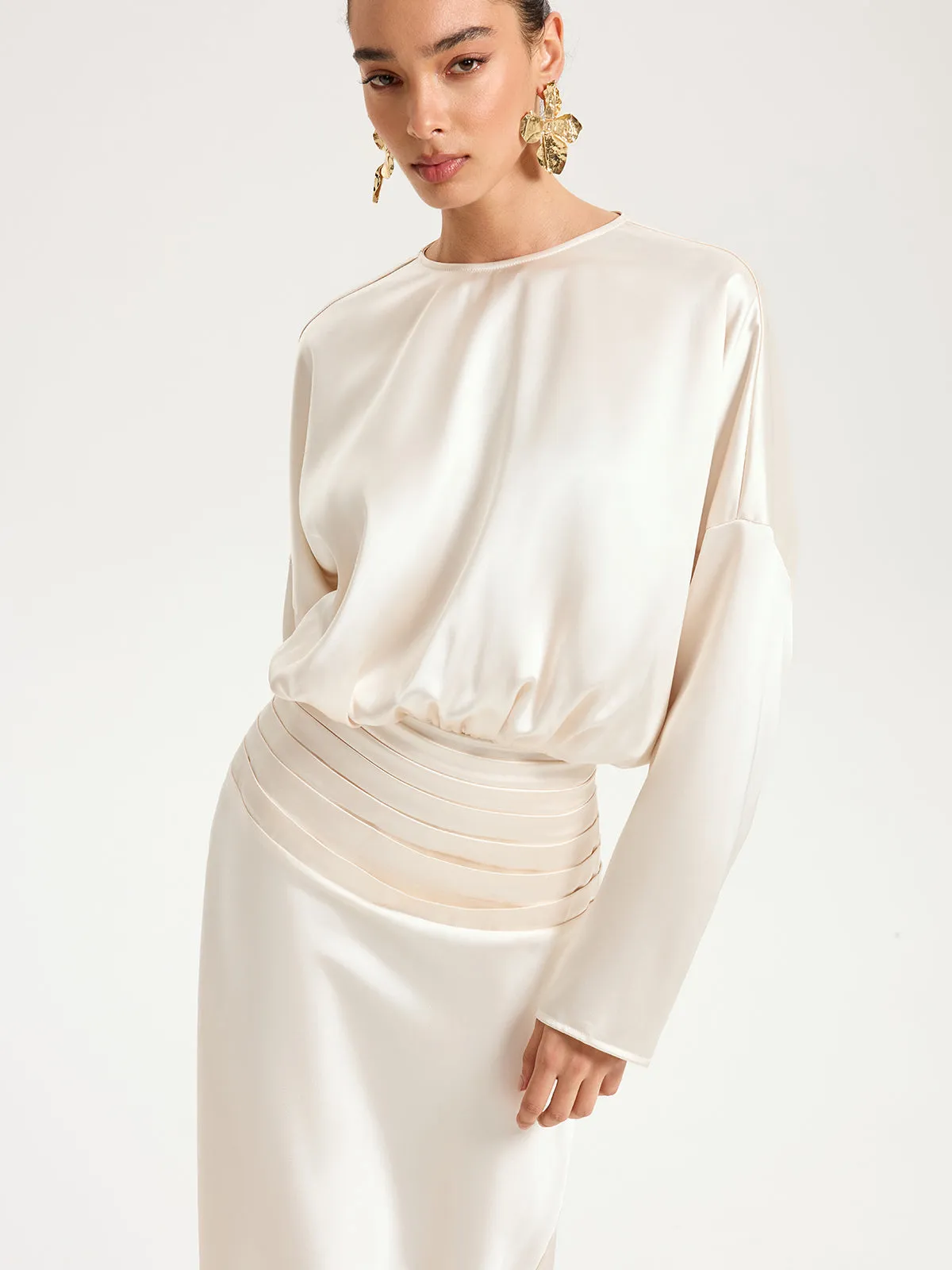 Satin Long Sleeve Pleated Waist Maxi Dress sold by COMMENSE product image thumbnail 2