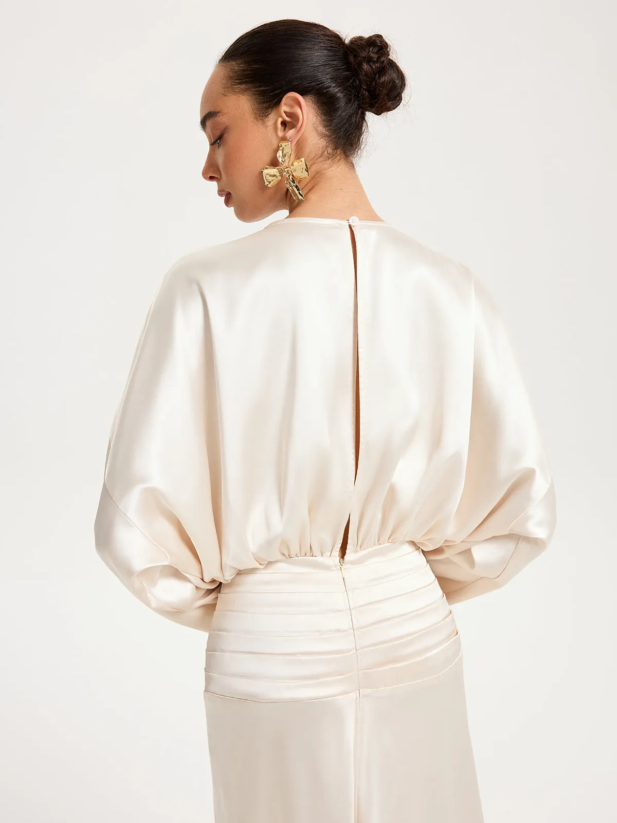 Satin Long Sleeve Pleated Waist Maxi Dress sold by COMMENSE product image thumbnail 4