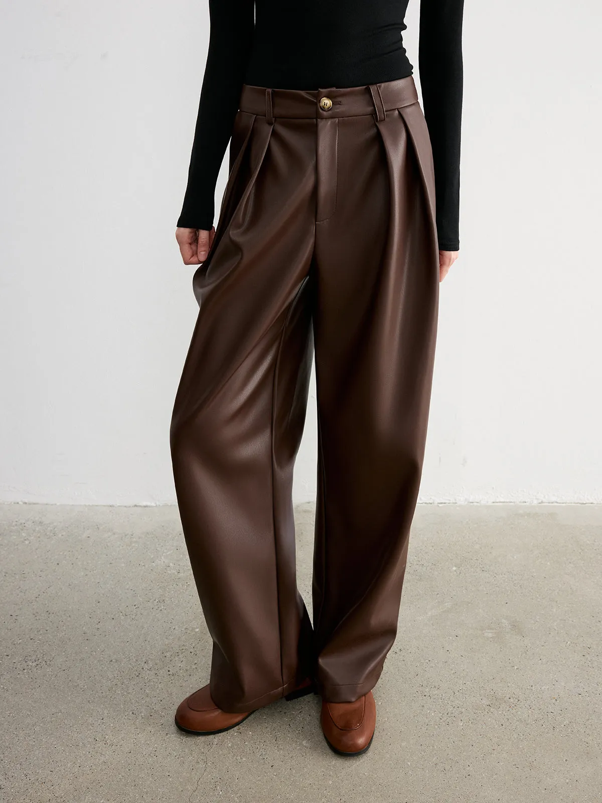 Mid-Waist Faux Leather Wide-Leg Pants sold by COMMENSE product image thumbnail 3
