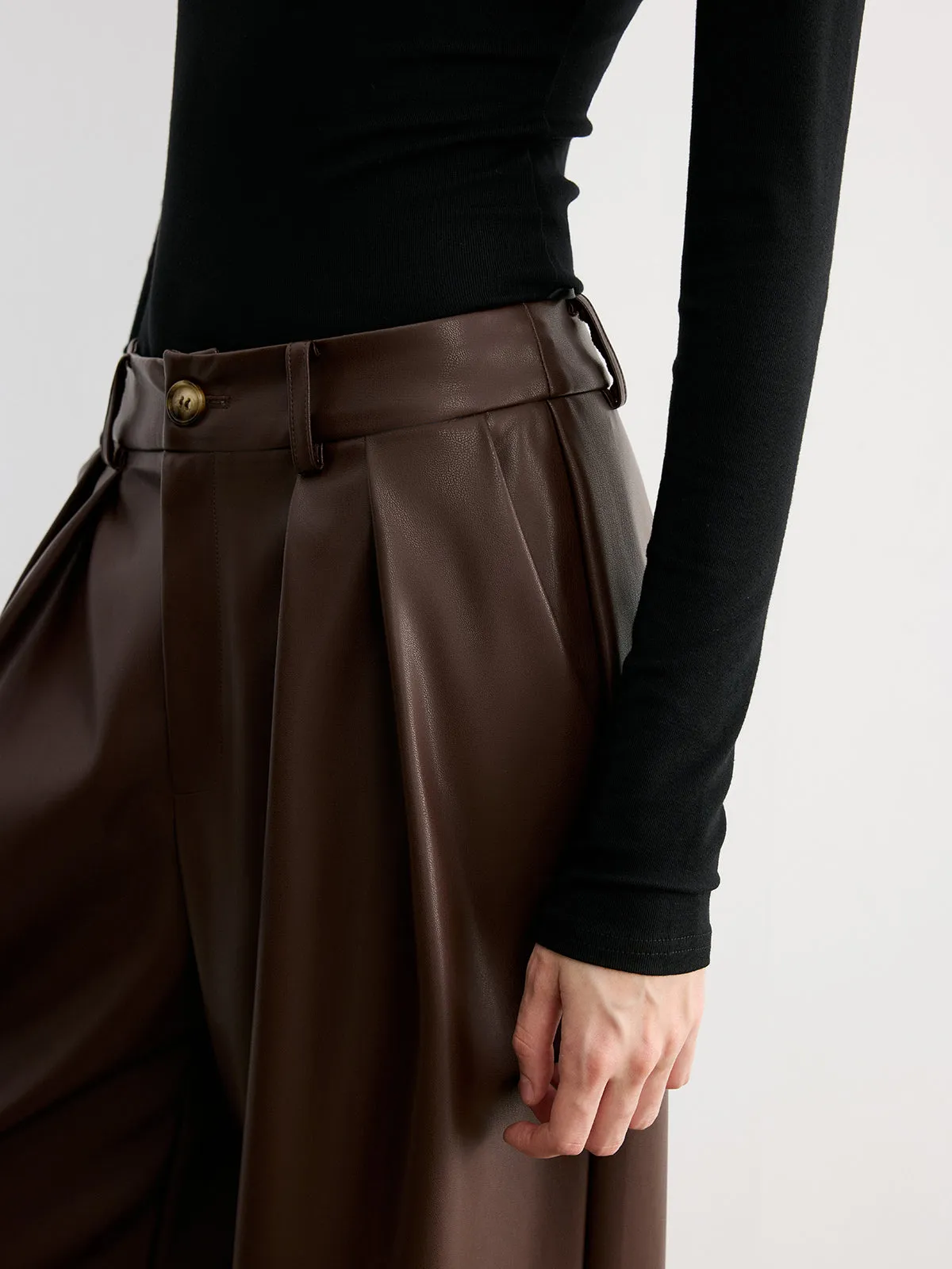 Mid-Waist Faux Leather Wide-Leg Pants sold by COMMENSE product image thumbnail 4