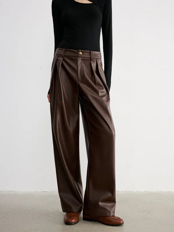 Mid-Waist Faux Leather Wide-Leg Pants sold by COMMENSE
