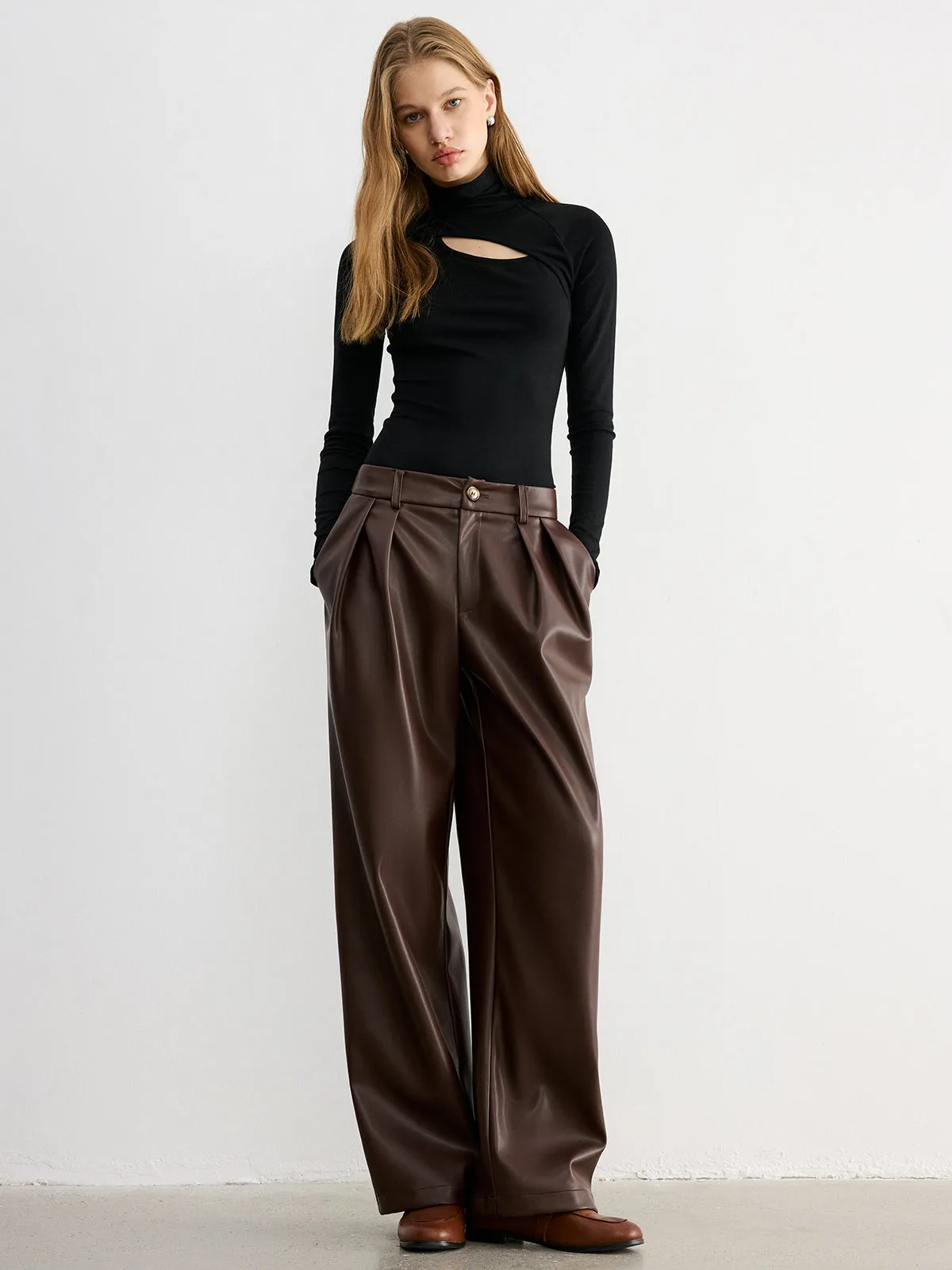 Mid-Waist Faux Leather Wide-Leg Pants sold by COMMENSE product image thumbnail 2