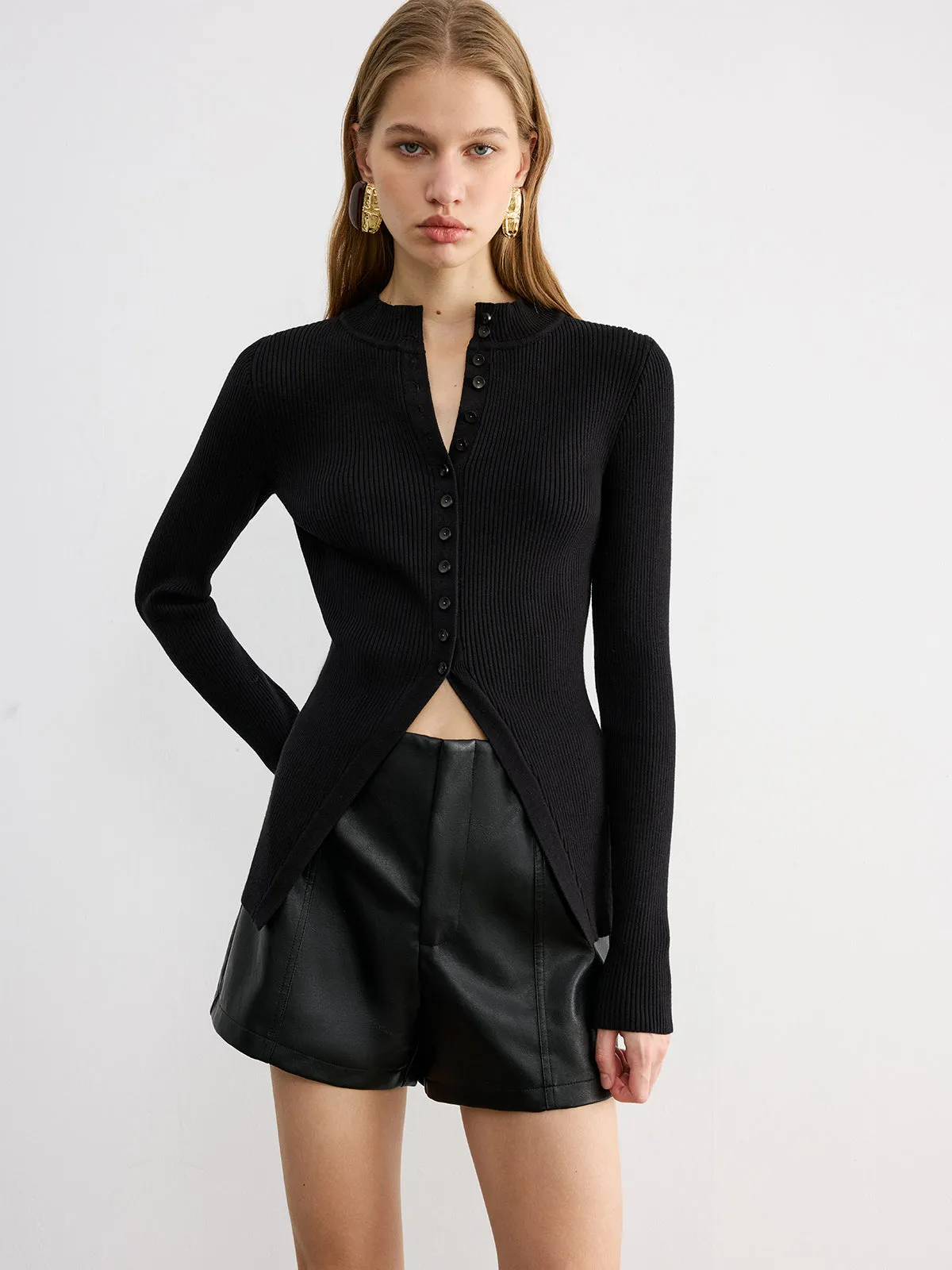 Button-Front Long-Sleeve Rib-Knit Top sold by COMMENSE