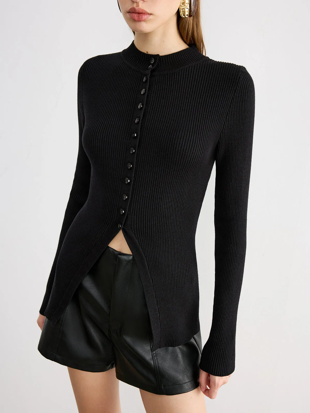 Button-Front Long-Sleeve Rib-Knit Top sold by COMMENSE product image thumbnail 3