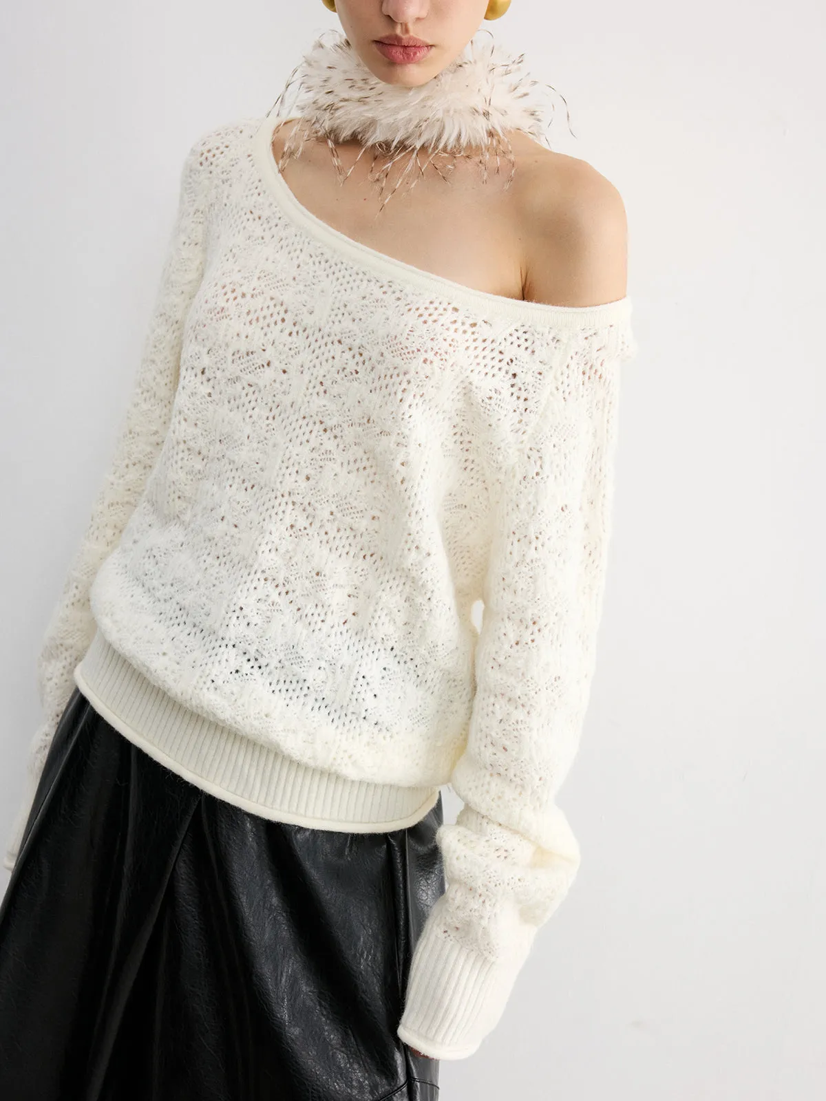 Off-Shoulder Open-Knit Sweater sold by COMMENSE
