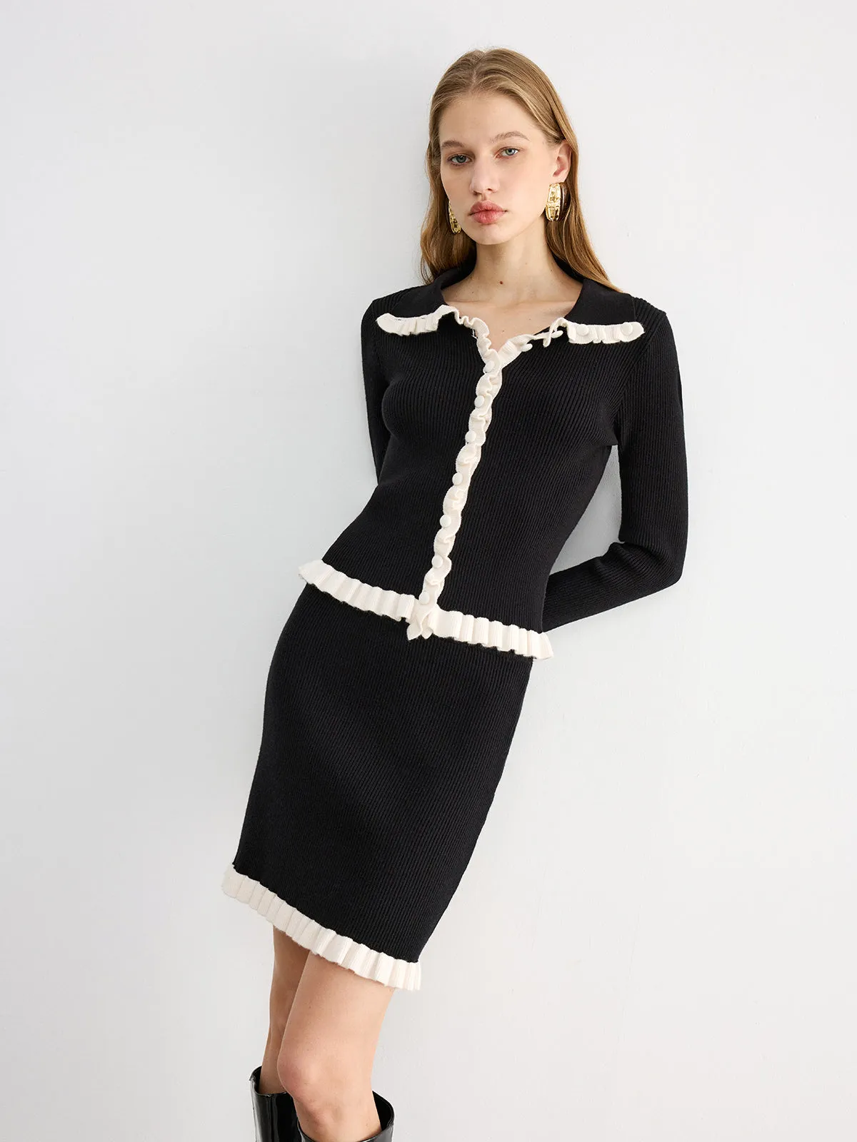 Contrast Ruffled Knit Top and Mini Skirt Set sold by COMMENSE