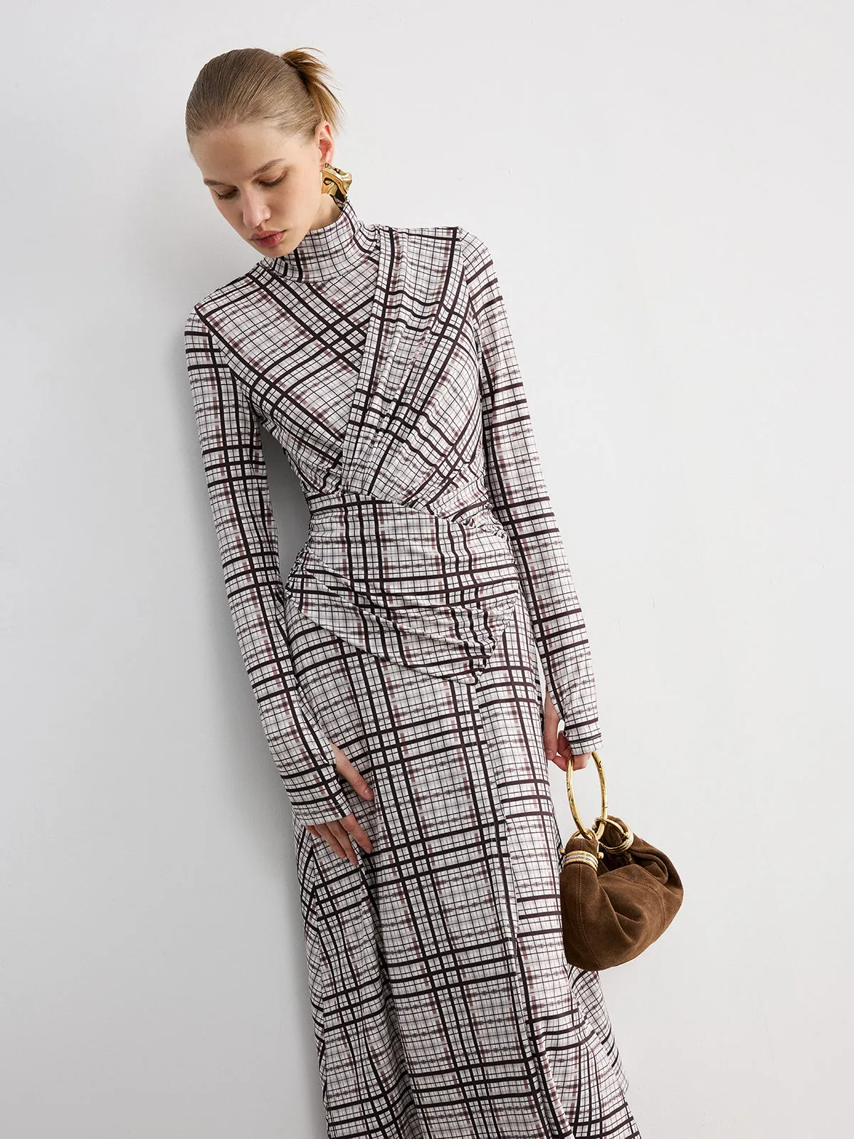 Checked Long-Sleeve Mock Neck Maxi Dress sold by COMMENSE product image thumbnail 2