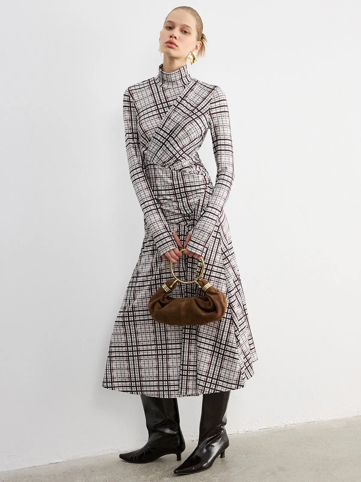 Checked Long-Sleeve Mock Neck Maxi Dress sold by COMMENSE product image thumbnail 4