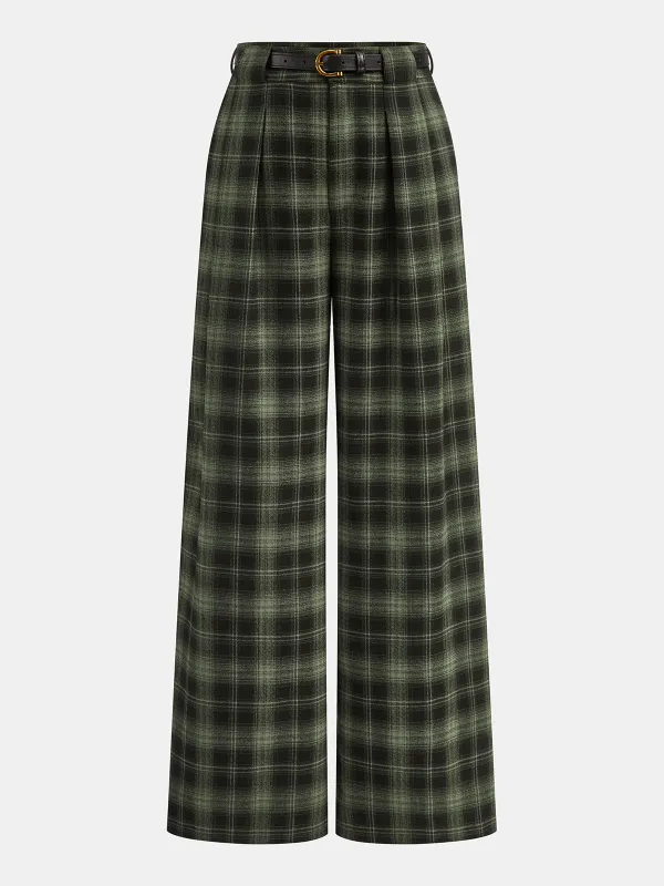 Belted Plaid Straight-Leg Pants sold by COMMENSE