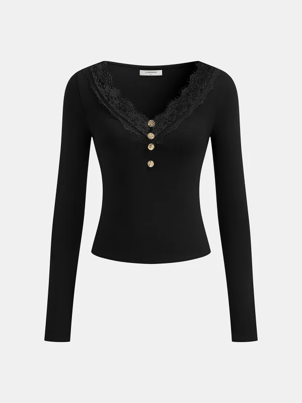 Lace Trim V-Neck Long-Sleeve Top sold by COMMENSE