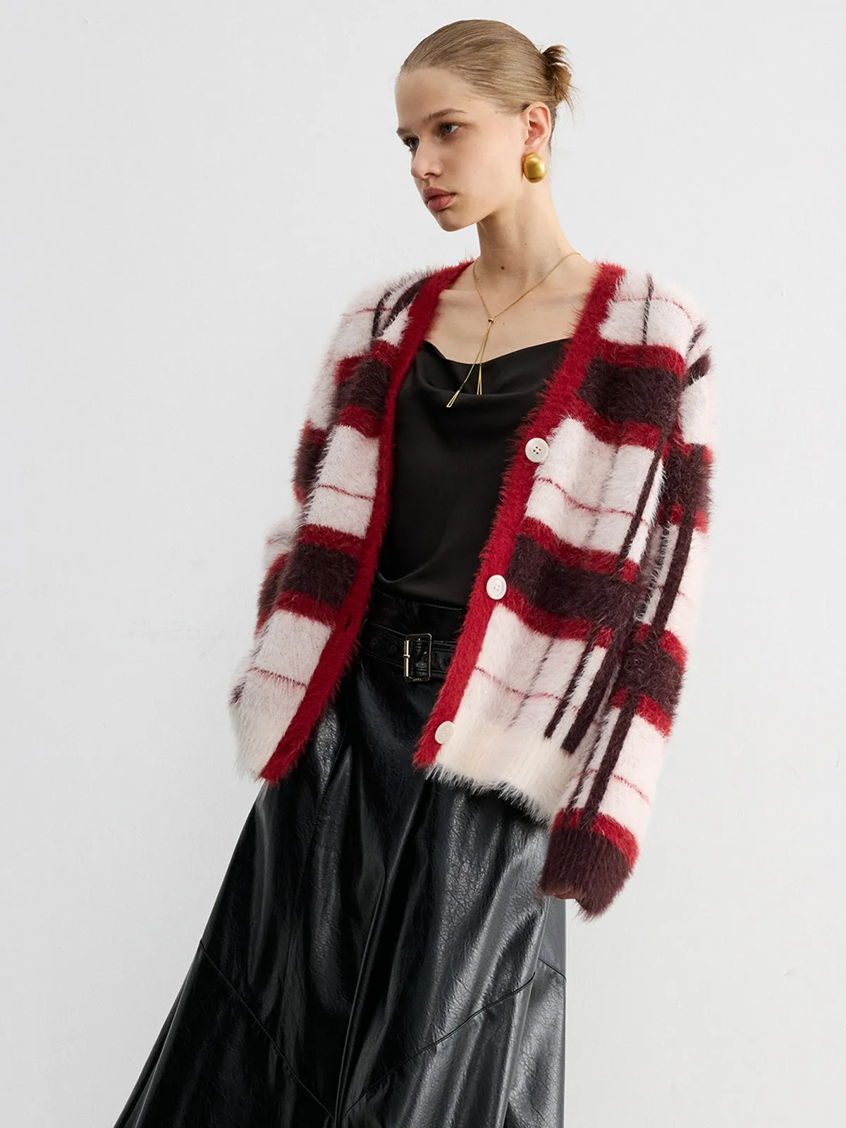 Knit Fluffy Checkered Cardigan sold by COMMENSE product image thumbnail 3