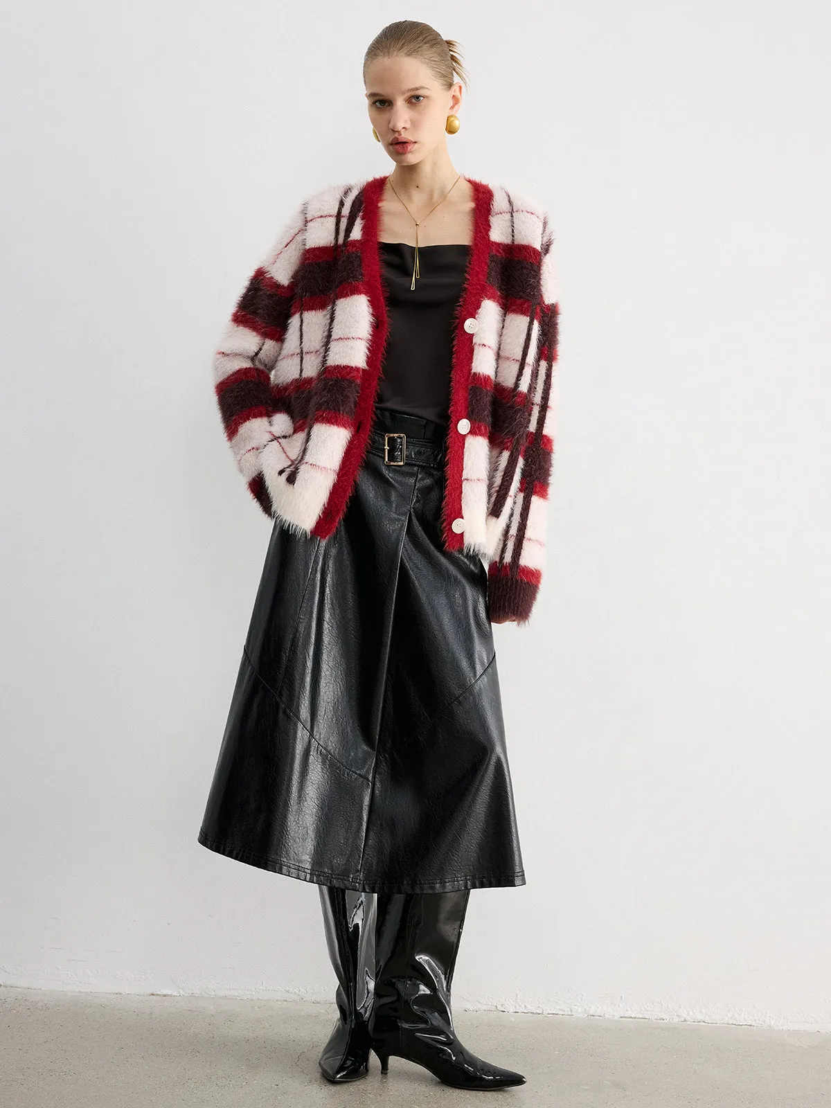 Knit Fluffy Checkered Cardigan sold by COMMENSE product image thumbnail 4