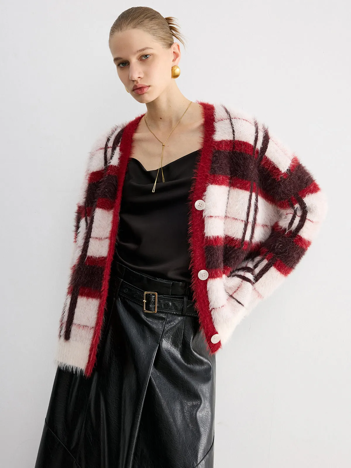 Knit Fluffy Checkered Cardigan sold by COMMENSE product image thumbnail 5