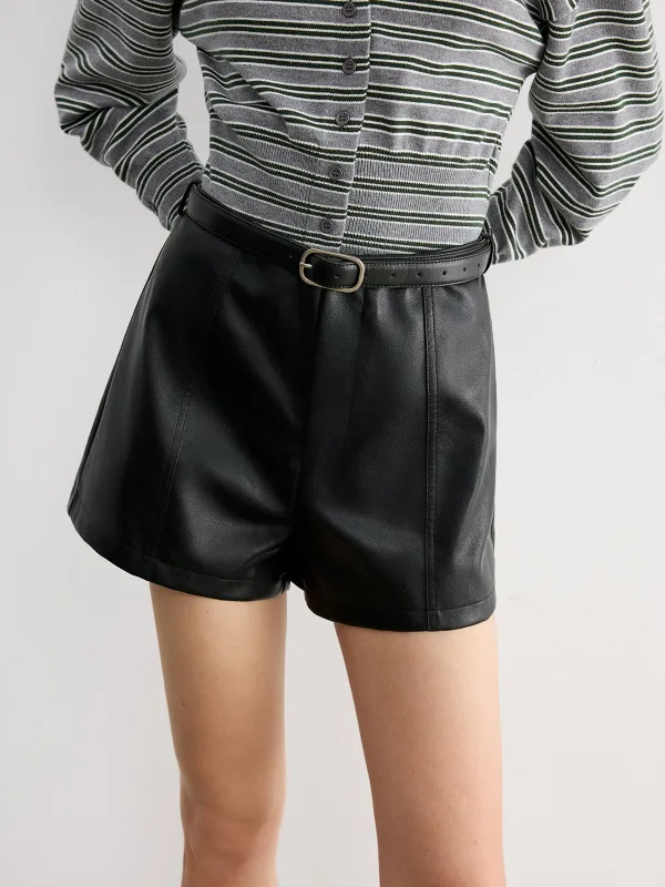 Faux Leather Belted Shorts sold by COMMENSE