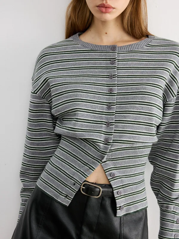 Waist Cinched Stripe Cardigan sold by COMMENSE