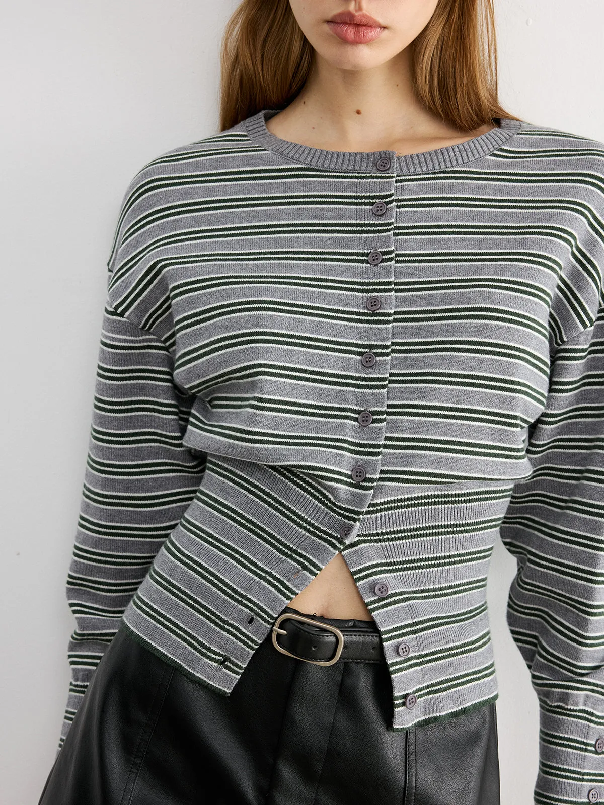 Waist Cinched Stripe Cardigan sold by COMMENSE