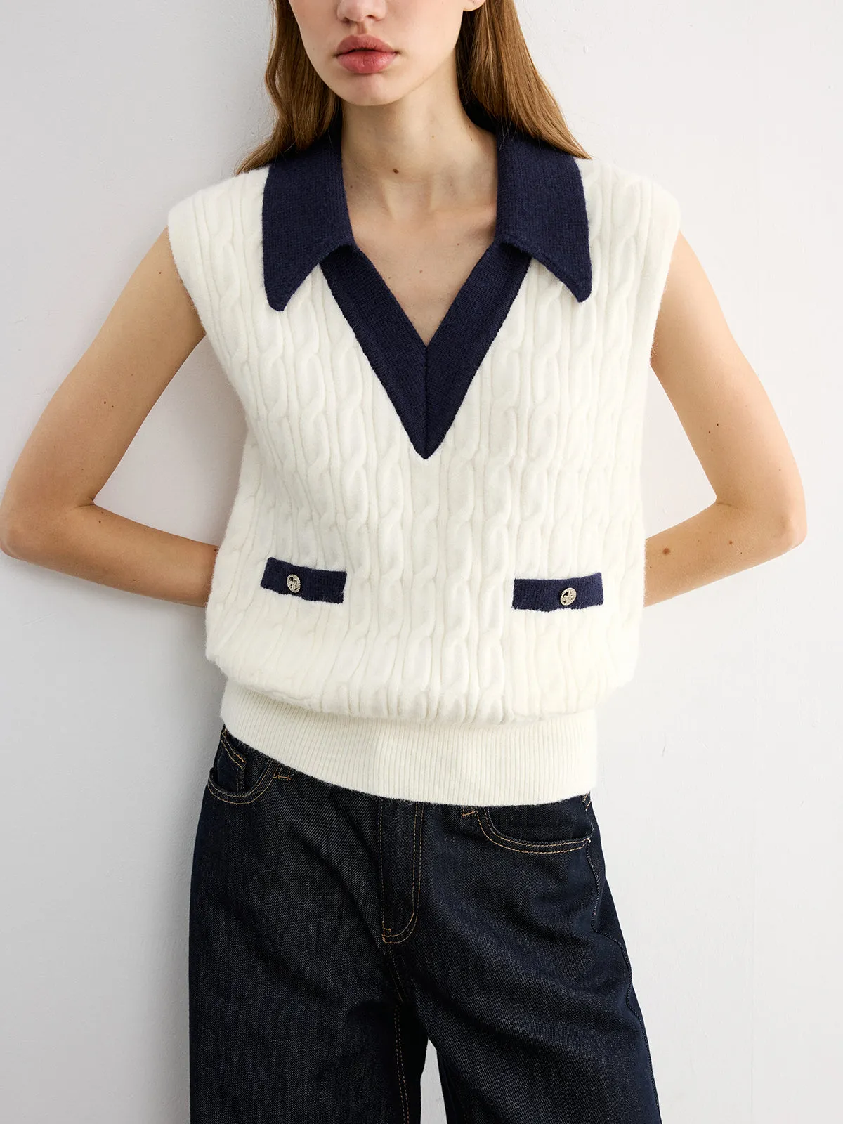 Collared Colorblock Knit Tank Top sold by COMMENSE