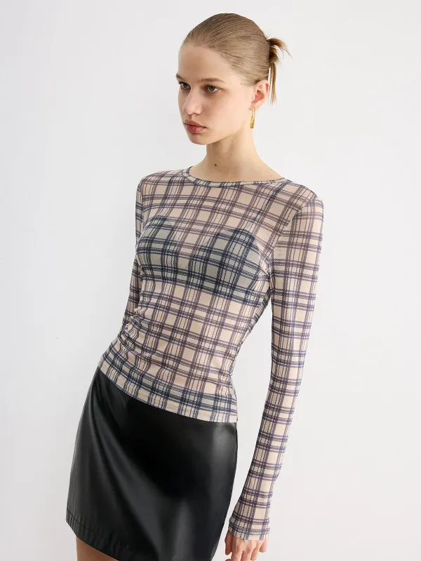 Plaid Sheer Long Sleeve Top sold by COMMENSE