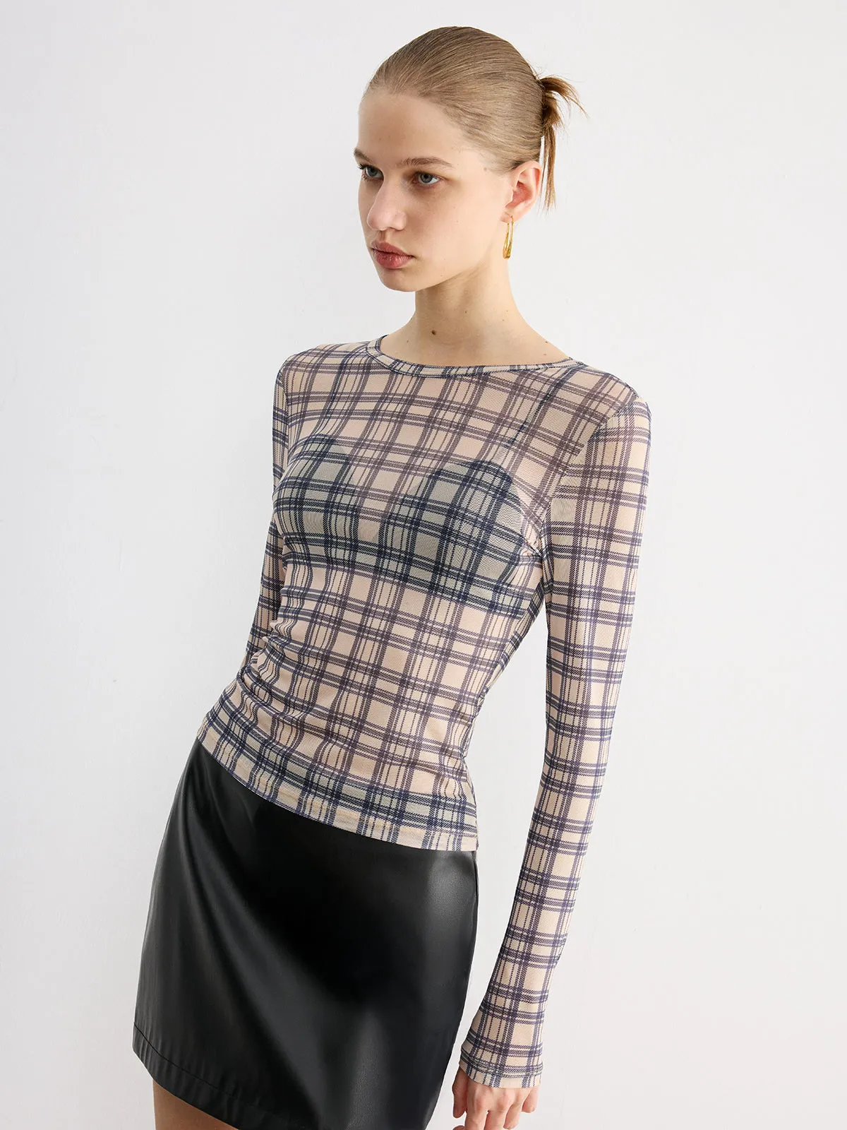 Plaid Sheer Long Sleeve Top sold by COMMENSE