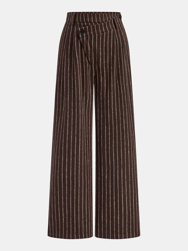 Asymmetric Placket Tweed Pinstripe Wide-Leg Pants sold by COMMENSE