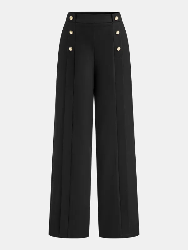 Metal Detail Mid-Waist Pleated Wide-Leg Pants sold by COMMENSE