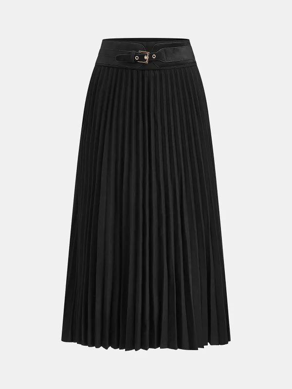 Belt-Decor Pleated Midi Skirt sold by COMMENSE