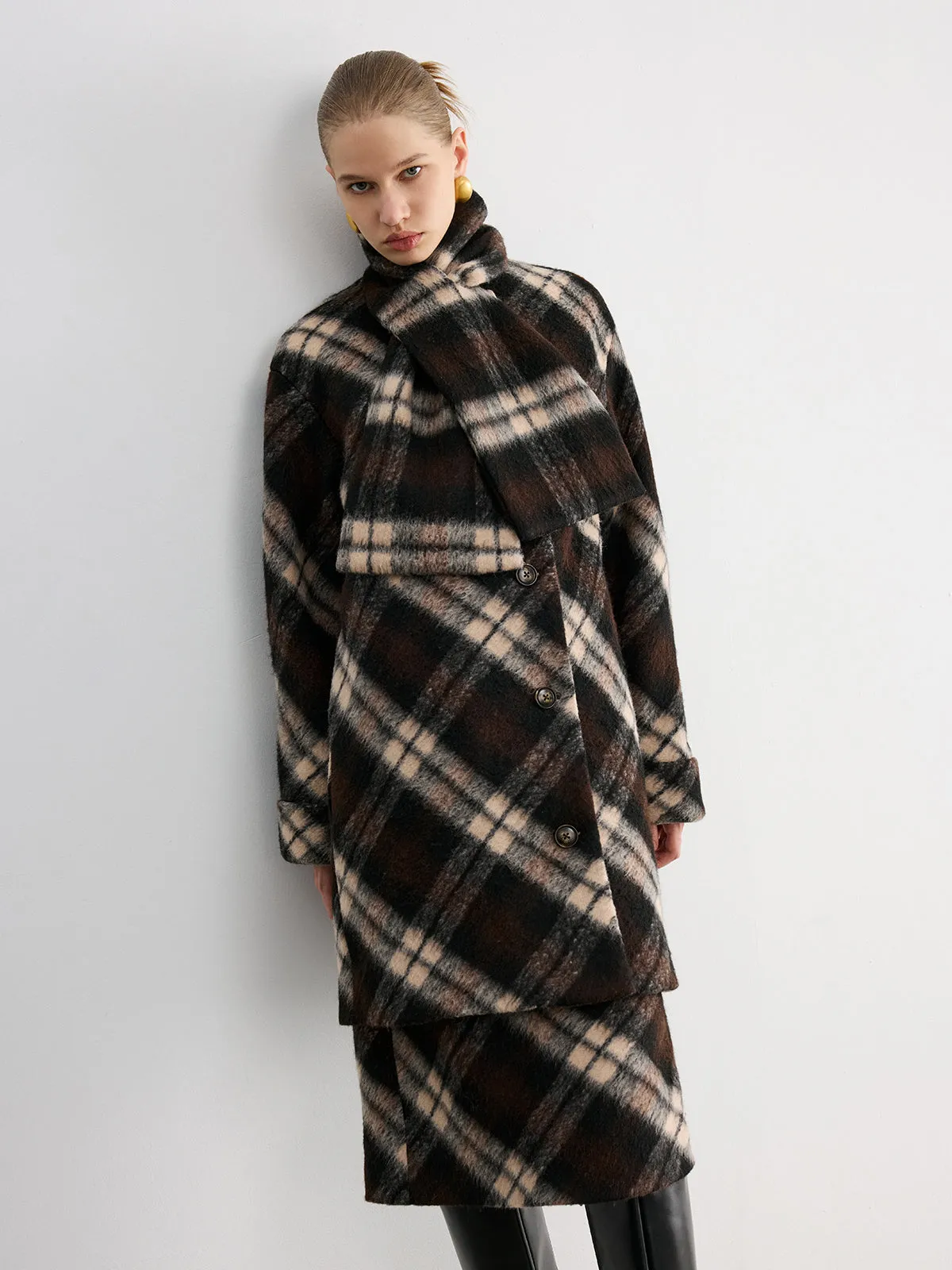 Plaid Wool-Blend Coat with Matching Scarf sold by COMMENSE product image thumbnail 4
