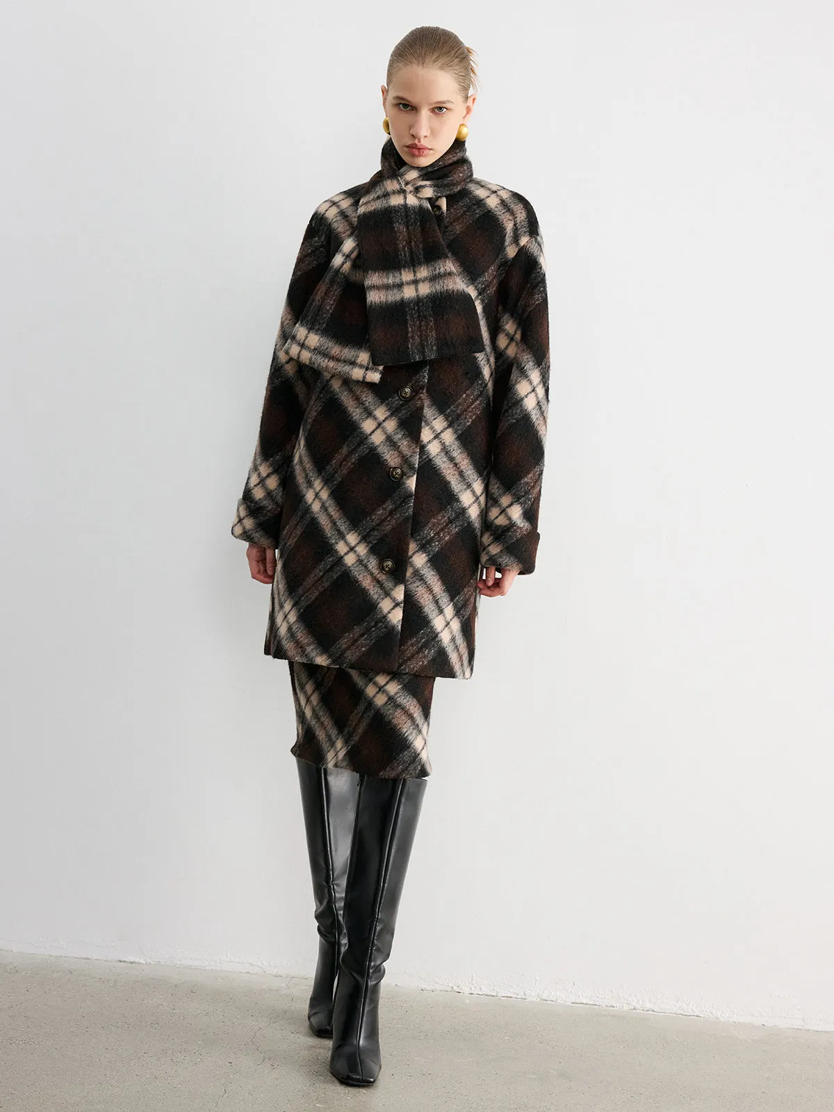 Plaid Wool-Blend Coat with Matching Scarf sold by COMMENSE