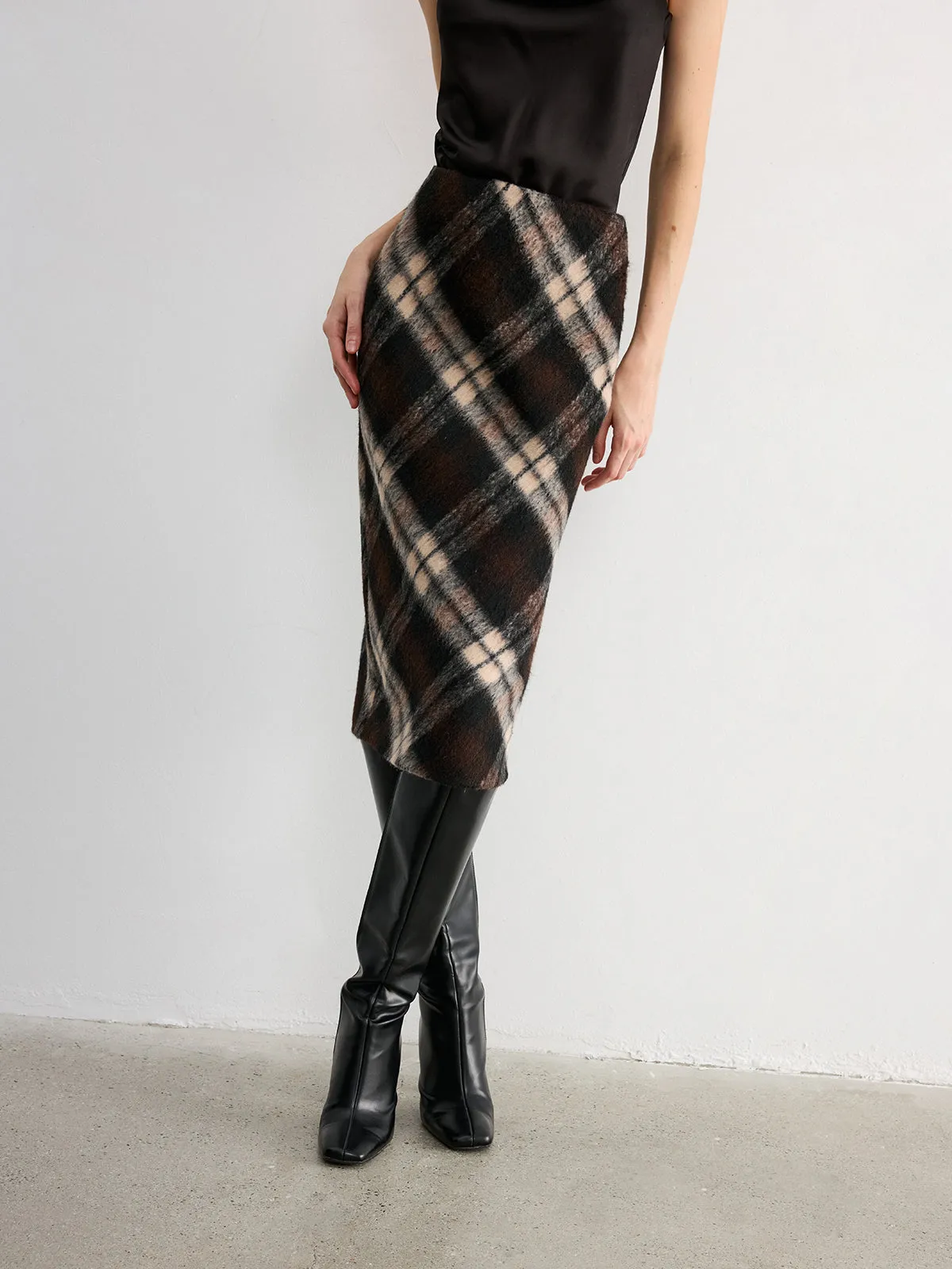 Plaid Wool-Blend Midi Pencil Skirt sold by COMMENSE product image thumbnail 3