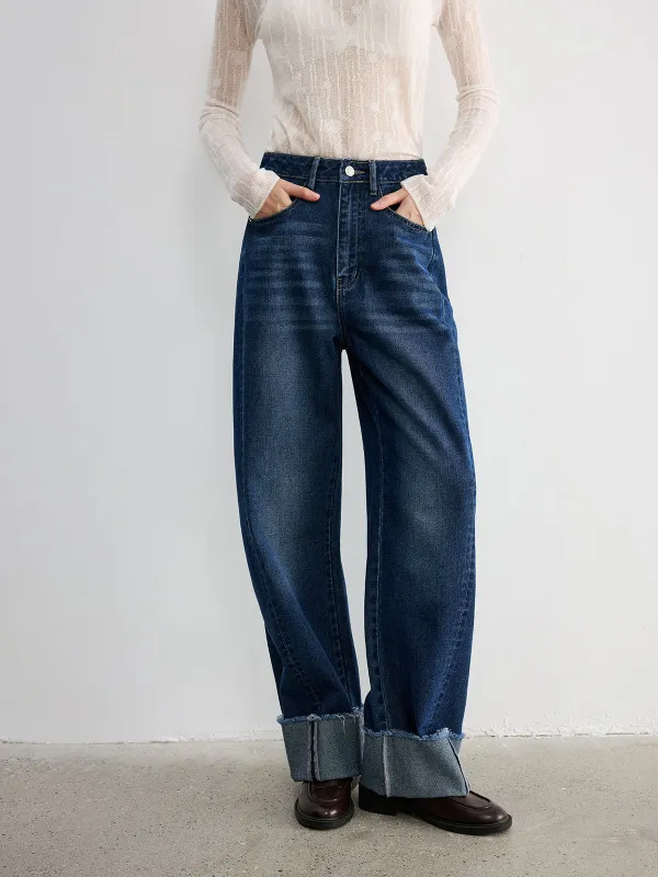 Frayed Cuffed Denim Wide-Leg Jeans sold by COMMENSE