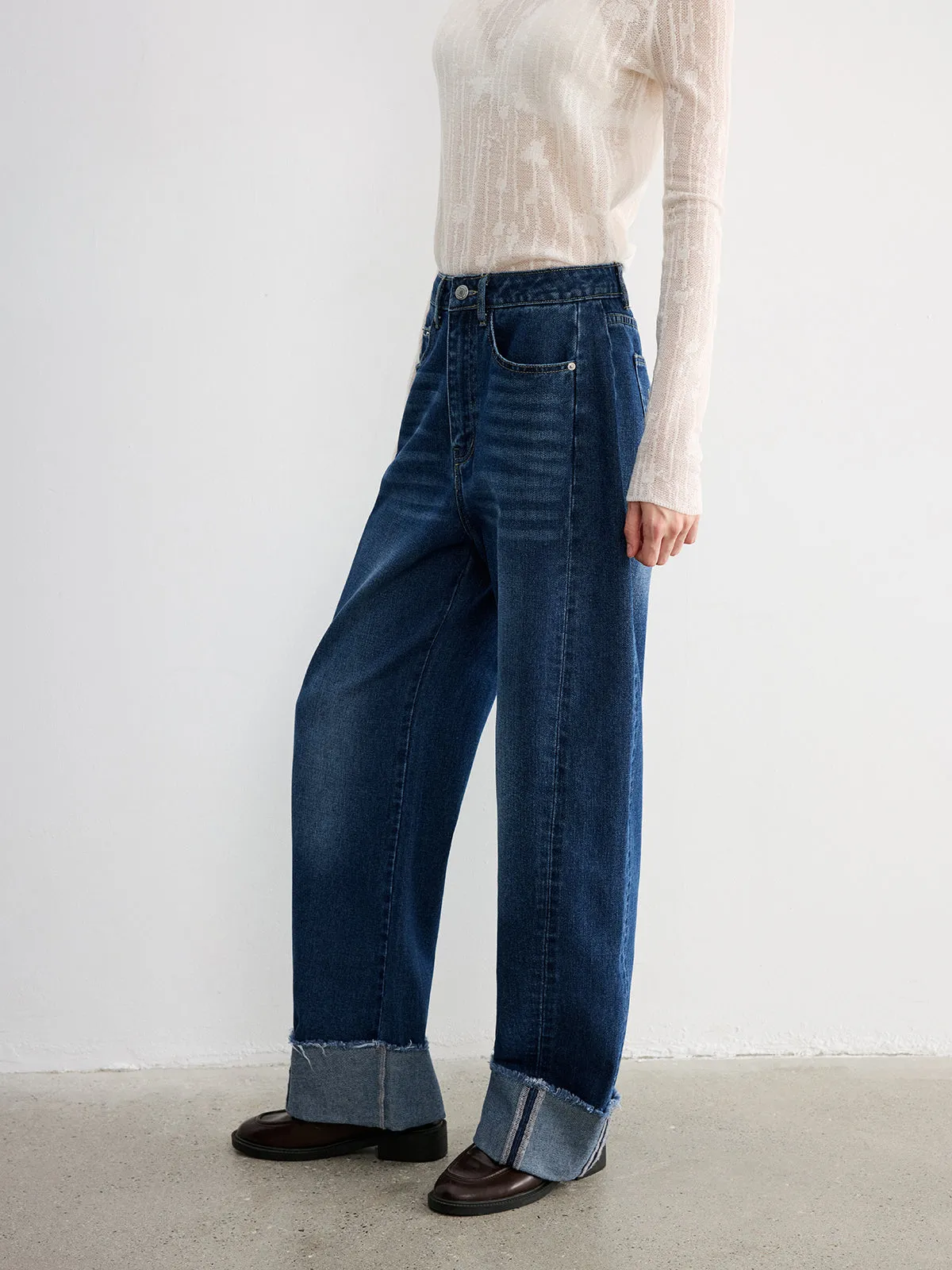 Frayed Cuffed Denim Wide-Leg Jeans sold by COMMENSE product image thumbnail 2