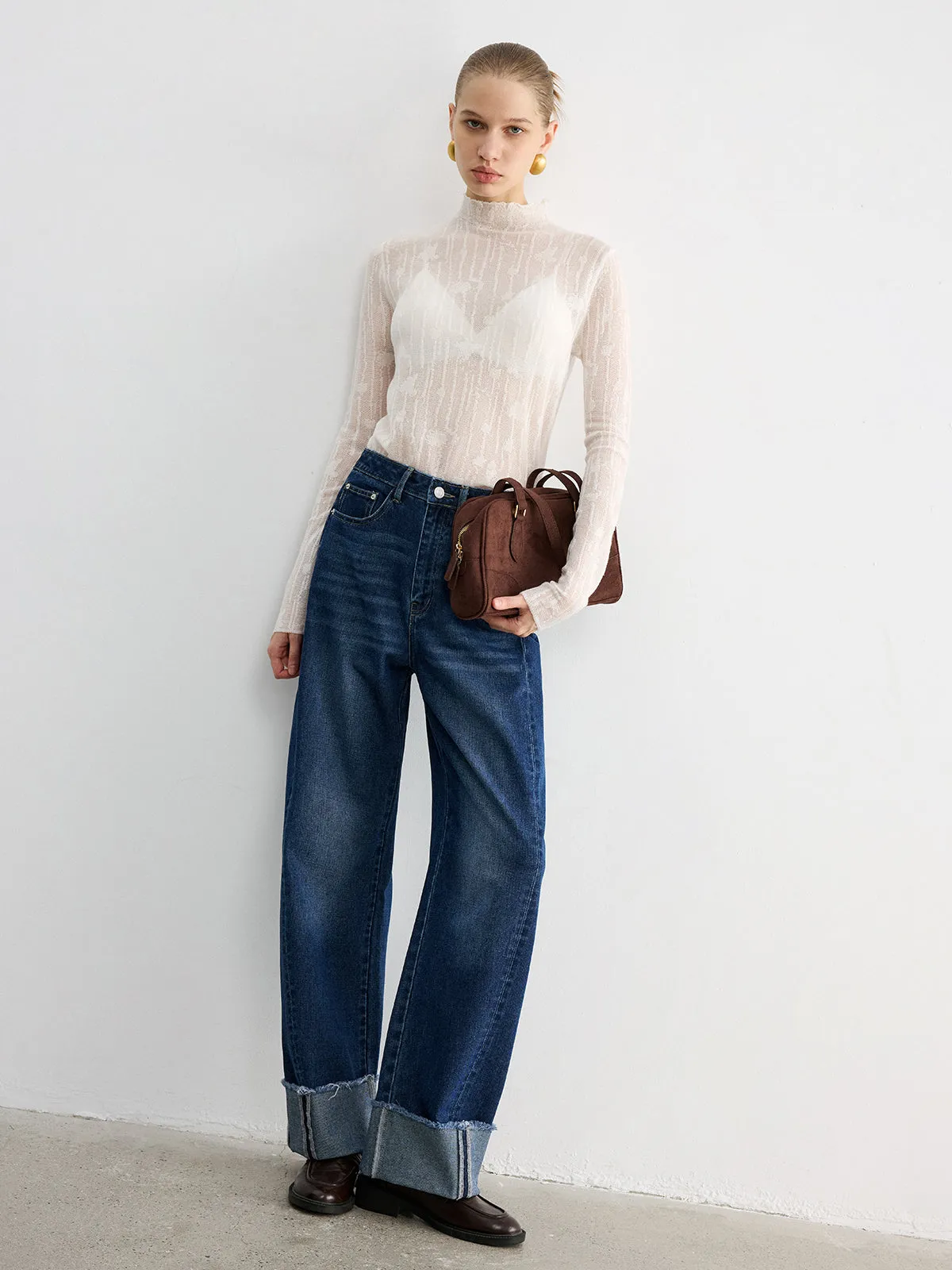Frayed Cuffed Denim Wide-Leg Jeans sold by COMMENSE product image thumbnail 4