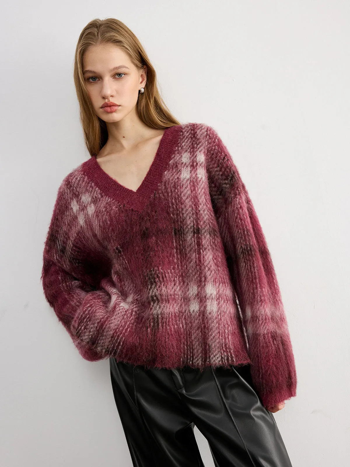 Plaid V-Neck Wool-Blend Sweater sold by COMMENSE